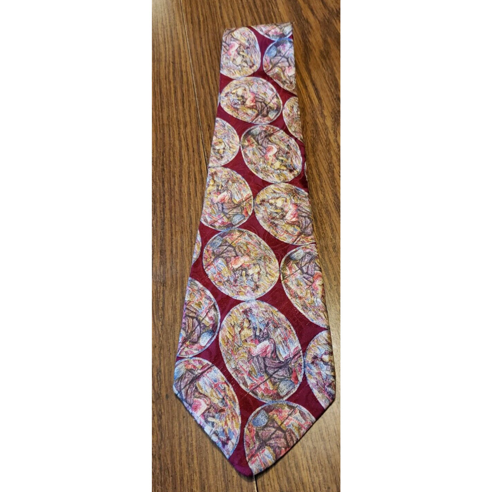 Oleg Cassini Red Abstract Stained Glass Circle Pattern Italian Silk Necktie Tie
